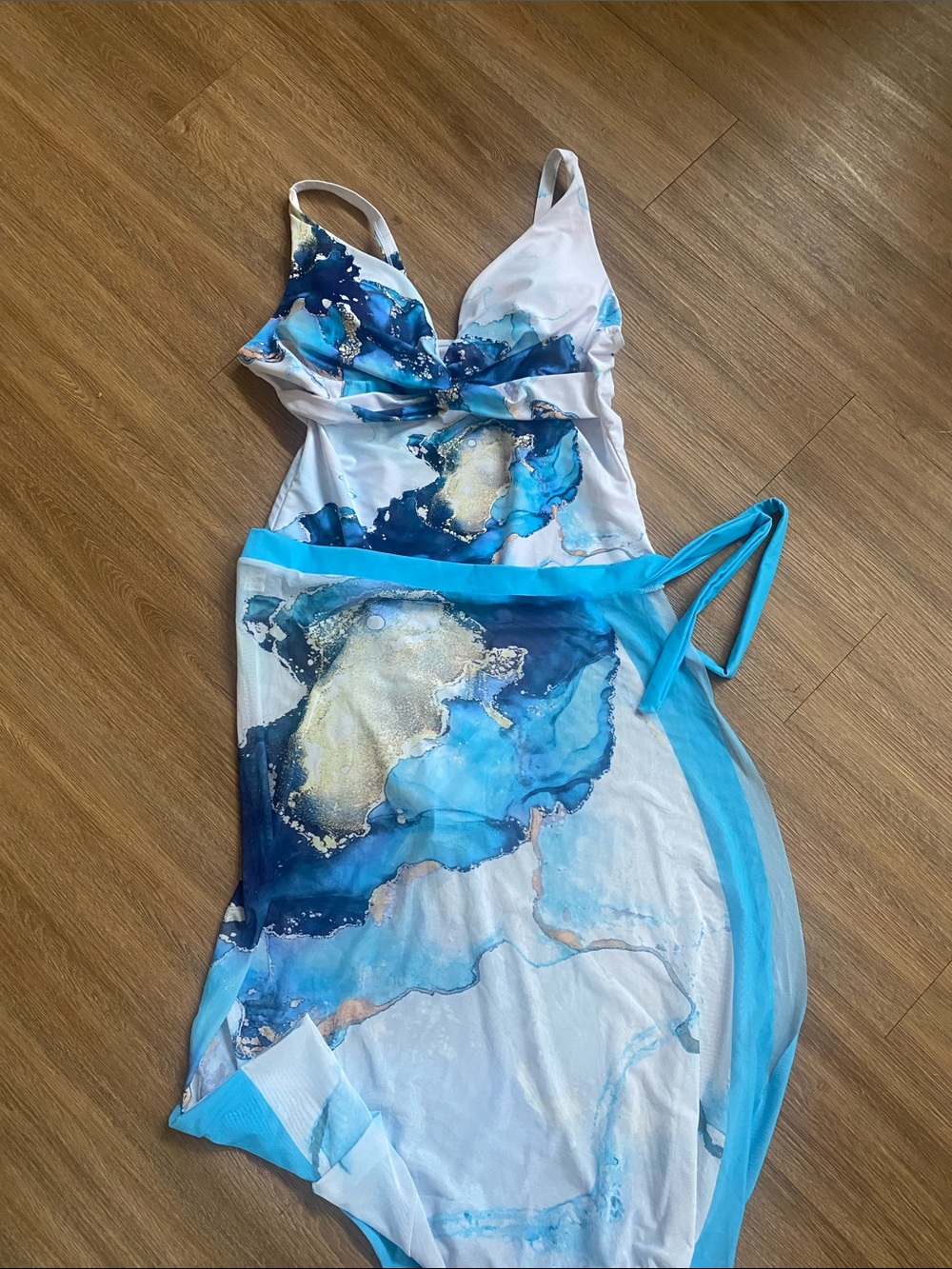 Blue & White Marble Print Swimsuit and Beach Cover-Up Sash